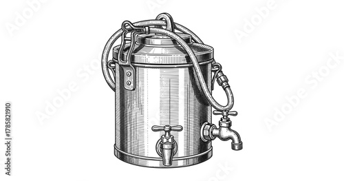 Vintage metal milk can with hose and faucet in retro engraving style