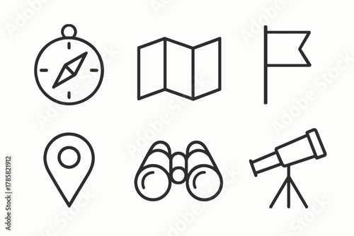 Navigation and exploration icons: compass, map, flag, location, binoculars, telescope