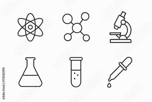 Science icons: atom, molecule, microscope, flask, test tube, pipette illustrations