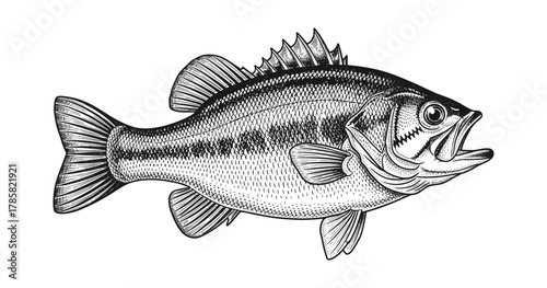 Detailed black and white engraving of a fish with intricate patterns