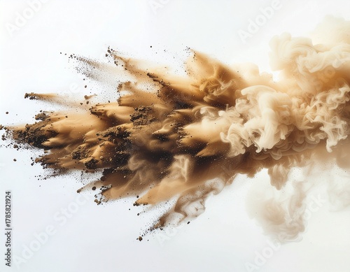 Abstract Brown Powder Explosion with Dynamic Smoke Effect on White Background