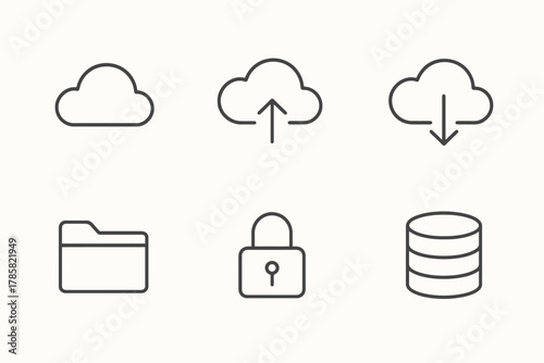 Cloud storage icons - upload, download, folder, security, database symbols