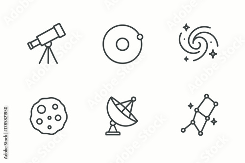 Astronomy icons: telescope, planet, galaxy, asteroid, satellite, constellation