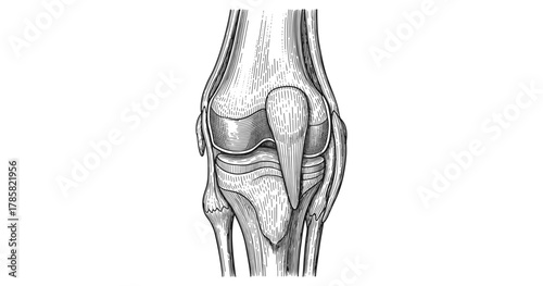 Detailed anatomical drawing of human knee joint in vintage engraving style