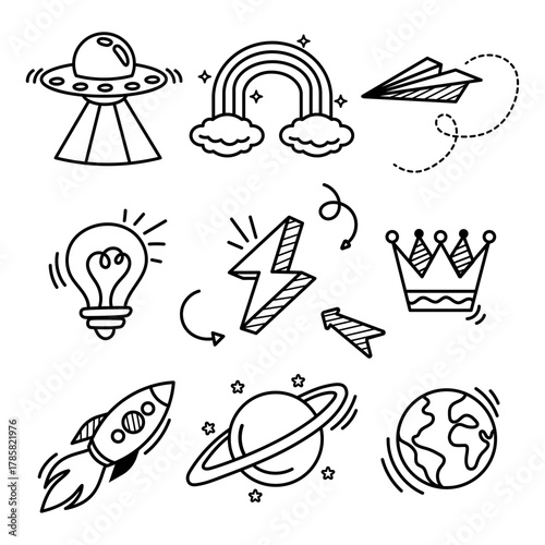 Collection of cartoon icons for space, invention, and magic UFO, rocket, planet, rainbow, lightbulb, crown, lightning bolt
