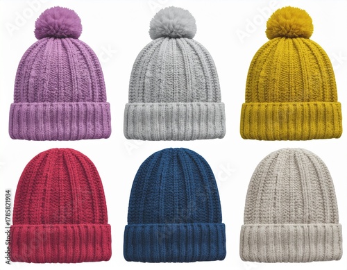 Set of Colorful Knitted Winter Beanies with Pom-Poms Isolated on White Background