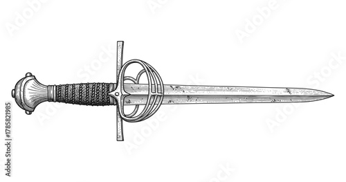 Detailed engraving of a vintage rapier sword with intricate hilt design