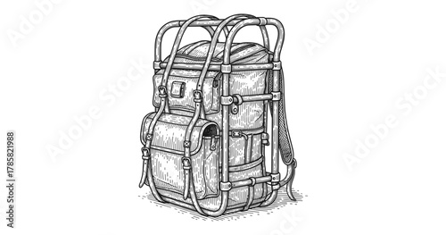 Vintage backpack in detailed ink drawing style