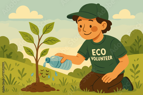 Young male volunteer wearing a green hat and t-shirt waters a smiling sapling in a grassy area, illustrating an eco-friendly initiative.
