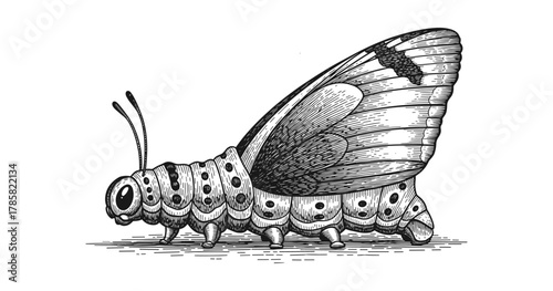 Detailed ink drawing of a caterpillar with wings in vintage style