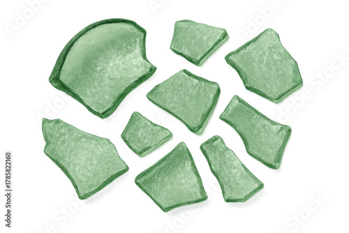 Green sea glass pieces creating a border or frame, broken recycled glass fragments on a transparent background