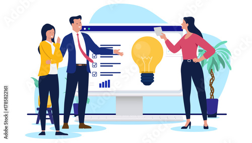 Business team of professional people discusses a big idea and strategy displayed on a large monitor with a glowing lightbulb graphic in a flat design vector illustration