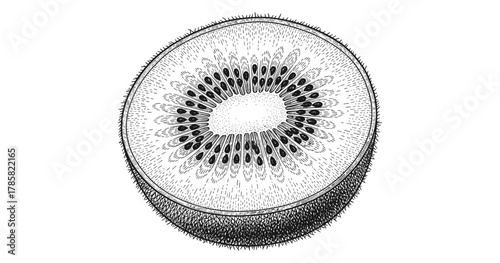 Intricate hand-drawn kiwi fruit cross-section in detailed etching style