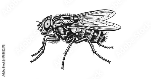 Detailed black and white engraving of a house fly side view with intricate line work
