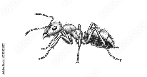 Detailed engraving of a realistic ant in black and white sketch style