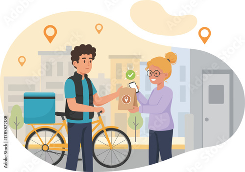 Eco-Friendly Bicycle Delivery Service: Courier Hands Over Food Order to Happy Woman with Smartphone App Confirmation in Cityscape