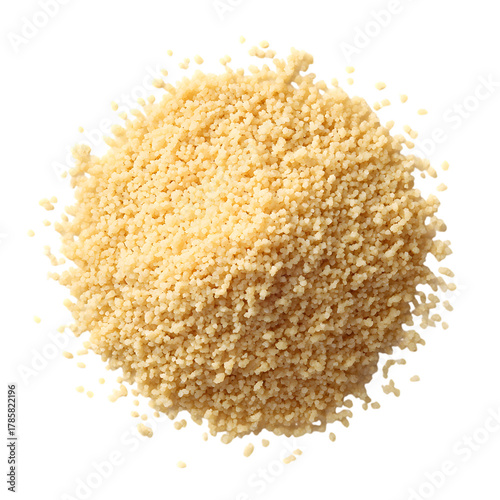 Overhead shot of a pile of dry couscous against a stark on transparent background