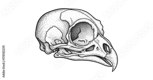 Detailed bird skull with stippling art on white background