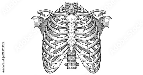 Intricate hand drawn ribcage anatomy with detailed skeletal structures