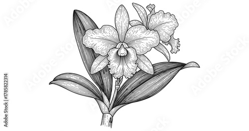 Detailed black and white orchid drawing with intricate linework