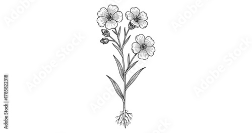 Detailed botanical drawing of flax plant with roots and blossoms