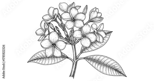 Detailed black and white plumeria blossom line art drawing with leaves