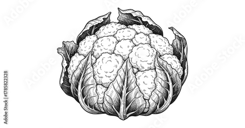 Detailed black and white cauliflower drawing with intricate line art design