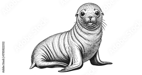 Intricate black and white baby seal engraving on white background