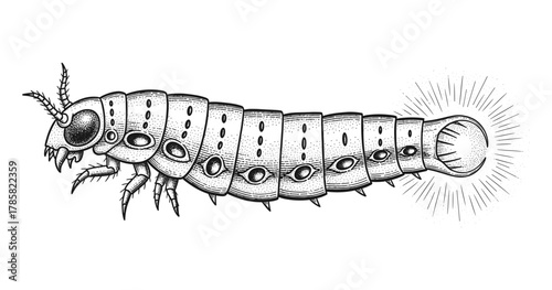 Intricate black and white stippling of a mechanical insect