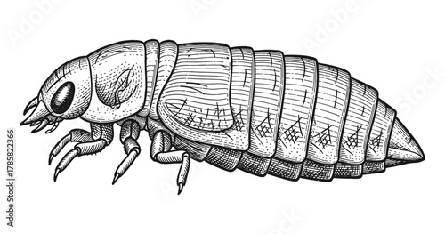 Detailed engraving of cicada nymph in black and white art style