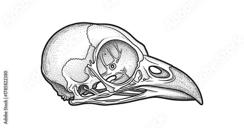 Intricate bird skull drawing with detailed line art on white background