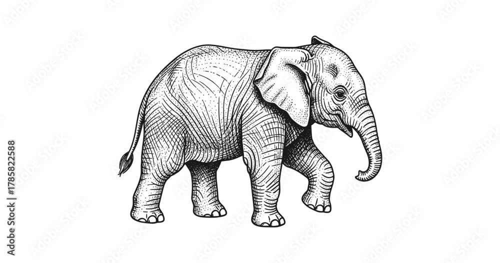 Fototapeta premium Intricate black and white elephant drawing with detailed line art