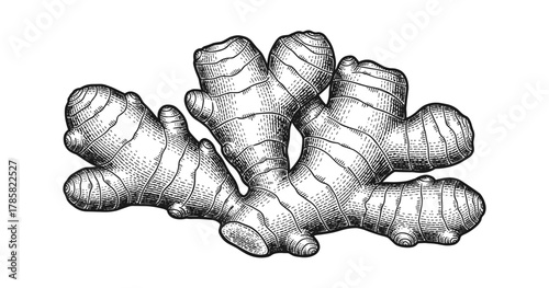 Detailed black and white engraving of ginger root for natural health themes