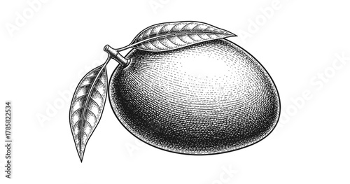 Detailed vintage engraving of a mango with leaves in black and white