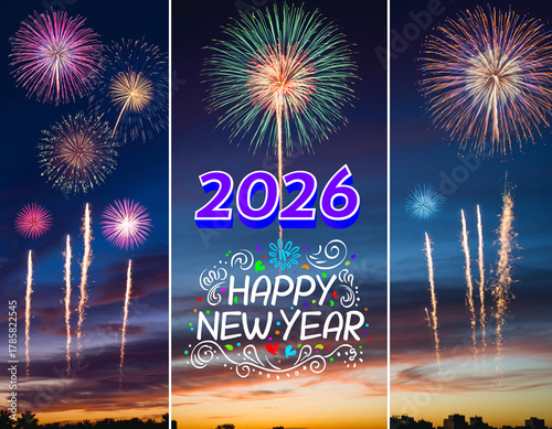 Happy New Year 2026 Fireworks Collage with Festive Night Sky