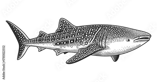 Detailed engraving of a majestic whale shark with intricate patterns