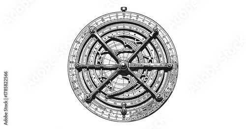 Vintage astronomical instrument with intricate mechanical design on white background