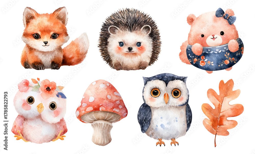 Fototapeta premium Cute Watercolor Fantasy Animals and Objects on Transparent Background