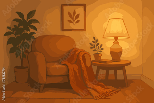 Warm-toned illustration of a cozy room featuring an armchair draped with a blanket, a table with a glowing lamp, and two potted plants.