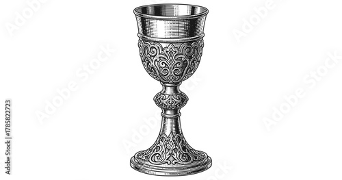 Intricate vintage chalice with ornate floral designs in engraved style