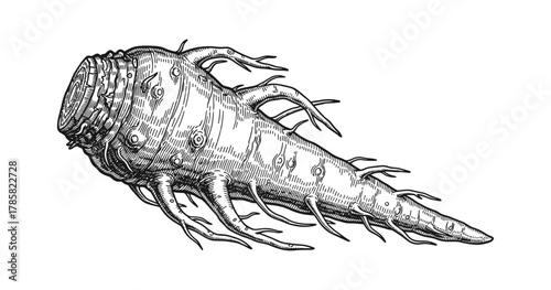 Detailed ink drawing of a fantastic root-like creature with organic patterns