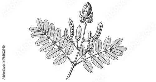 Detailed botanical drawing of cassia plant with pods and leaves in black and white