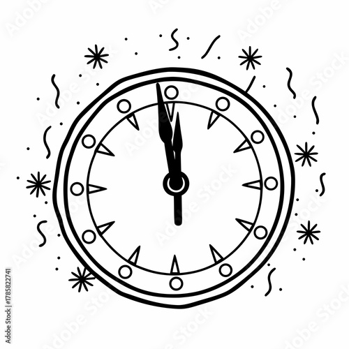 Hand drawn new year clock striking midnight sketch illustration isolated on white background