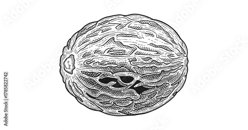 Detailed black and white engraving of a walnut with intricate patterns