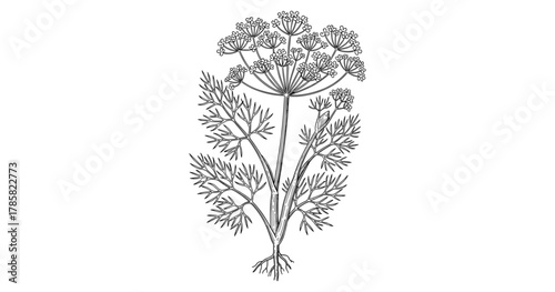 Detailed botanical line art of cilantro plant with roots and flowers