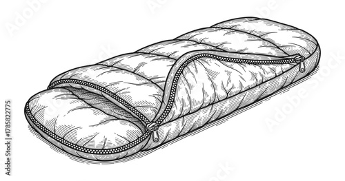 Detailed sketch of a zippered sleeping bag in black and white