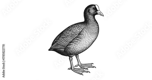 Detailed engraving of a common coot with red eyes and textured feathers