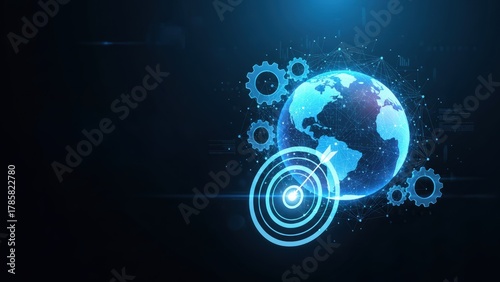 A holographic earth with rotating gears and target symbol showing global operations, productivity and efficiency