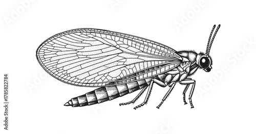 Detailed insect drawing with intricate wing patterns on white background