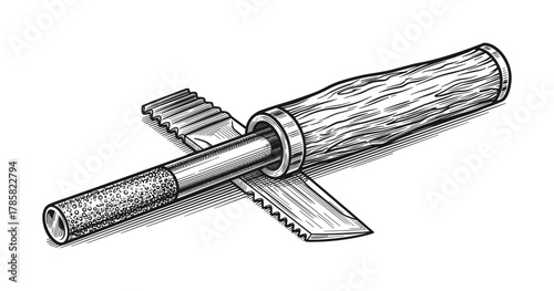 Engraved woodworking tools with textured handles and detail blades in a vintage style